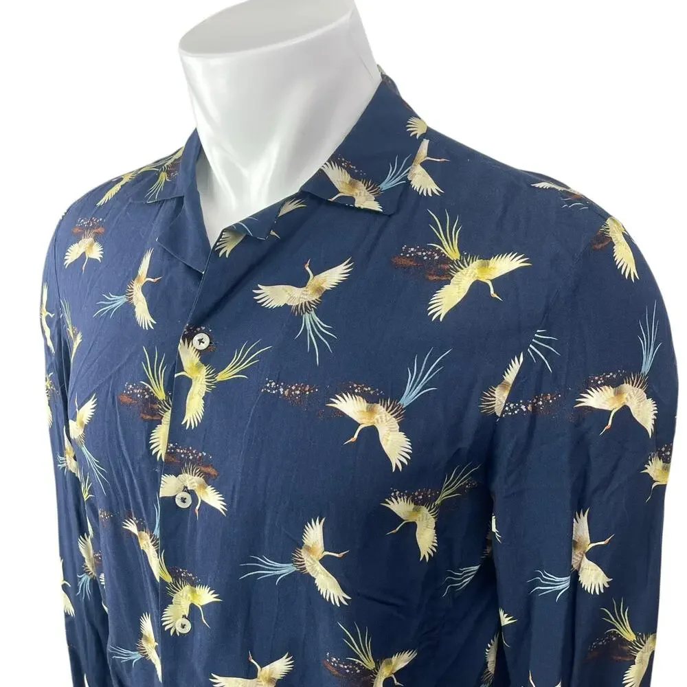 Zara Men's Blue Bird Graphic Long Sleeve Slim Fit Button Down Shirt Top Size S